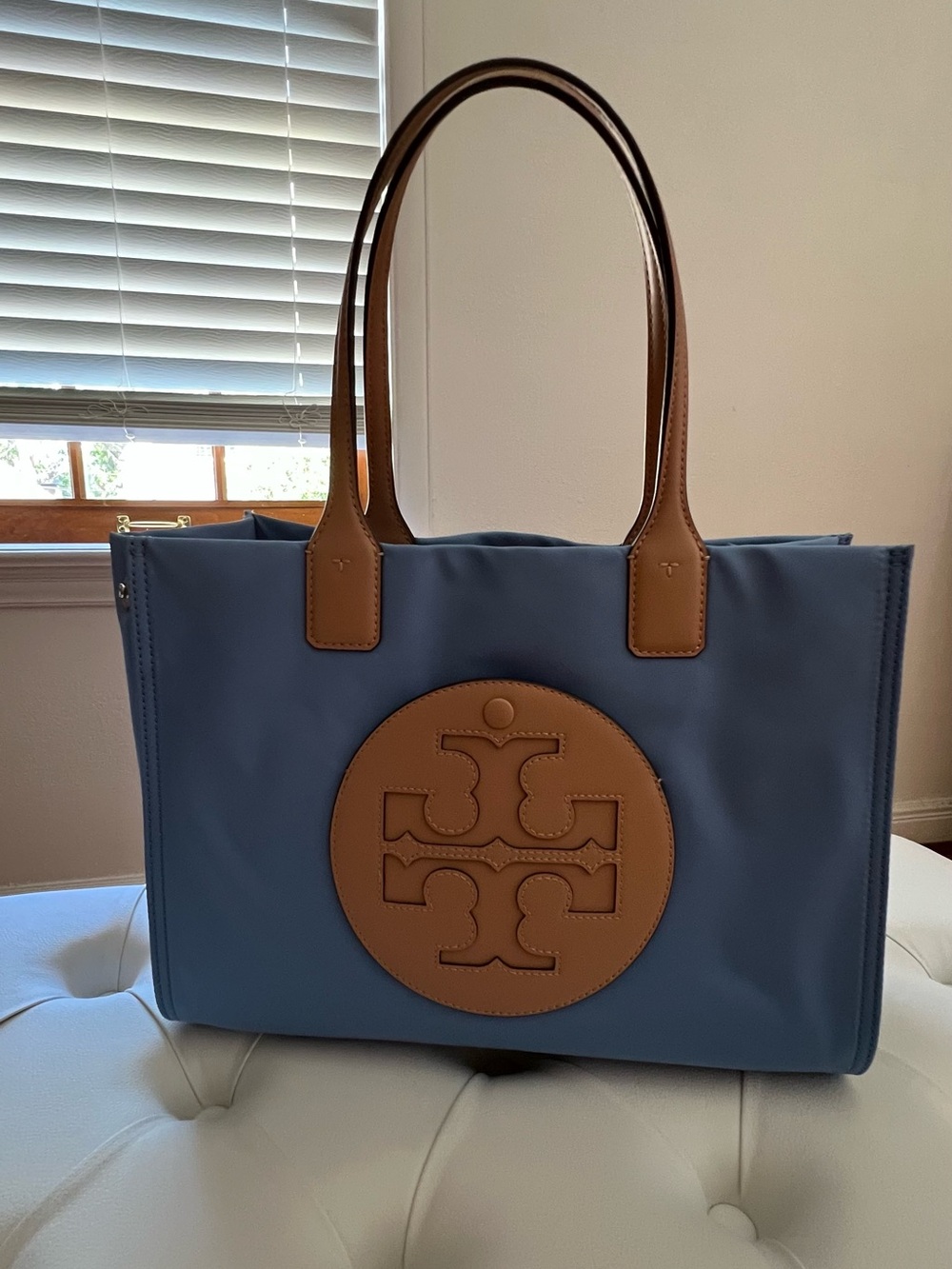 Tory Burch Small Light Blue Ella Tote with Tan Leather Trim